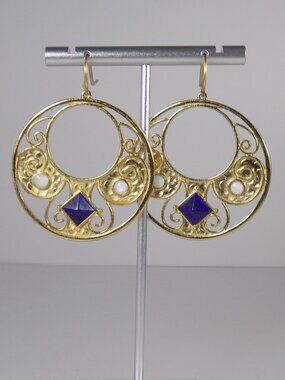 Stephanie Kantis Drop Earrings Lapis Lazuli Gold-Plated 2" Long Antiquity Round
